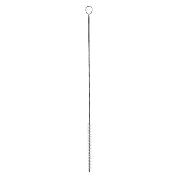 Reinigingsborstel rond maat M met oogje ⌀6mm. Ideaal voor het schoonmaken van pipetten en trechters. Gemaakt van nylon haren. 27 cm totale lengte.