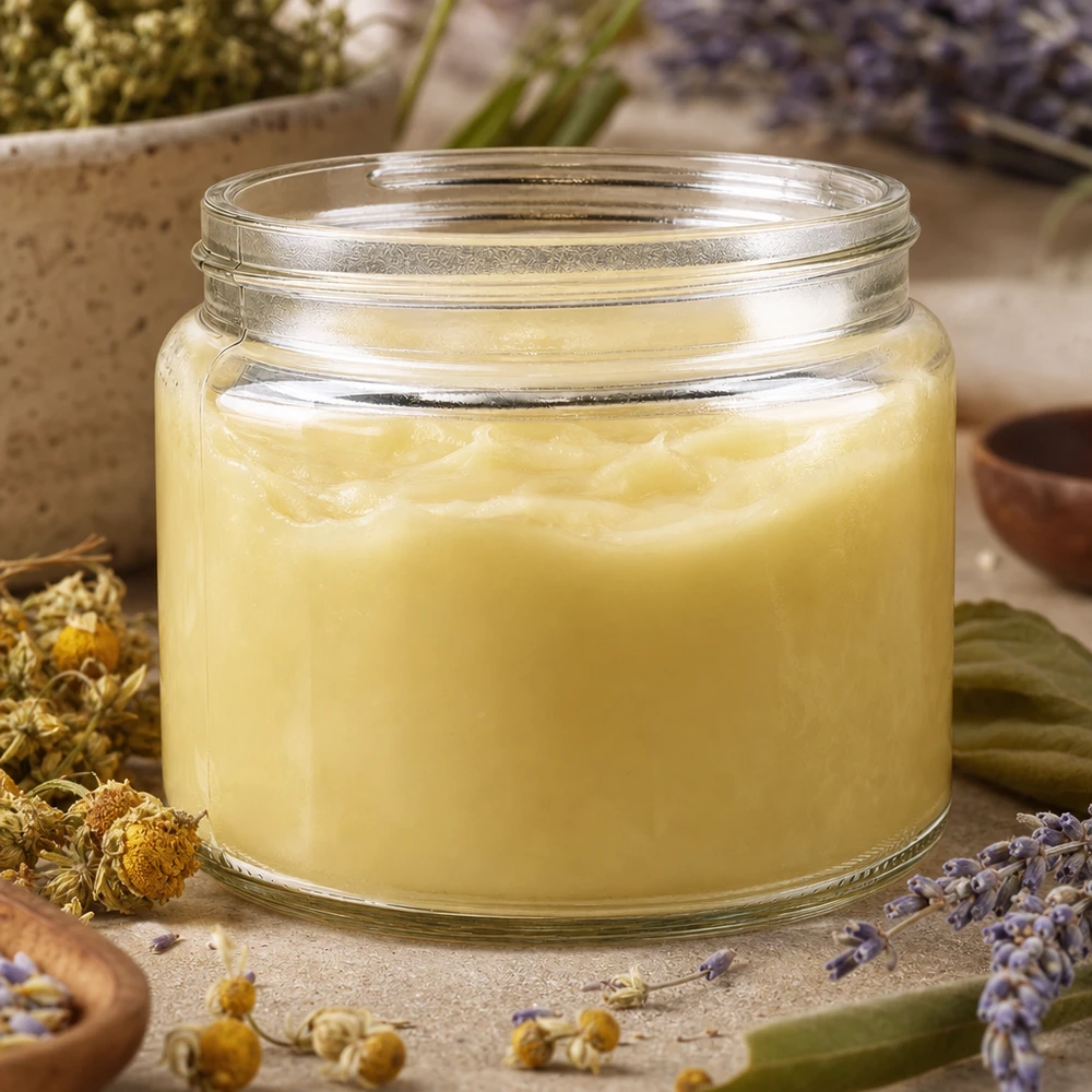 Glazen pot 250ml helder glas, zonder sluiting Glastiegel 250ml mit cremiger gelber Salbe gefüllt umgeben von Kamillenblüten und Lavendel natürliche Hautpflege