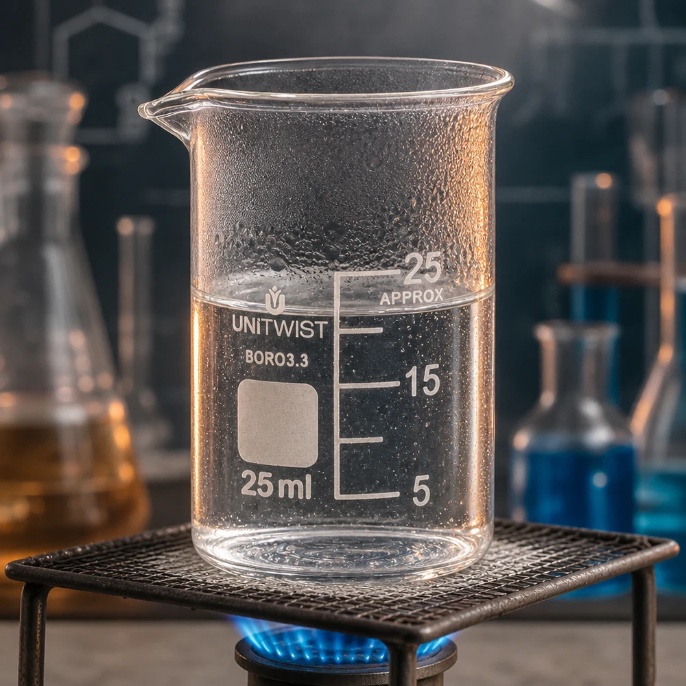 Beker 25ml borosilicaat, lage vorm UNiTWIST Doorzichtig laboratoriumbekerglas 25 ml UNiTWIST Boro3.3 met condenserende waterdruppeltjes