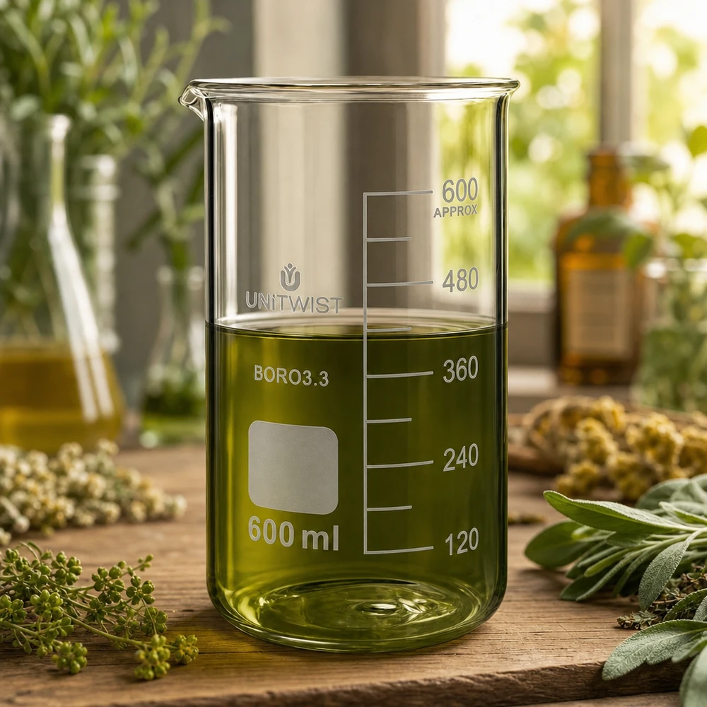 Beker 600ml borosilicaat, hoge vorm UNITWIST Becherglas 600 ml, hoog model, borosilicaat, UNITWIST, voor het extraheren van kruiden met salie en rozemarijn