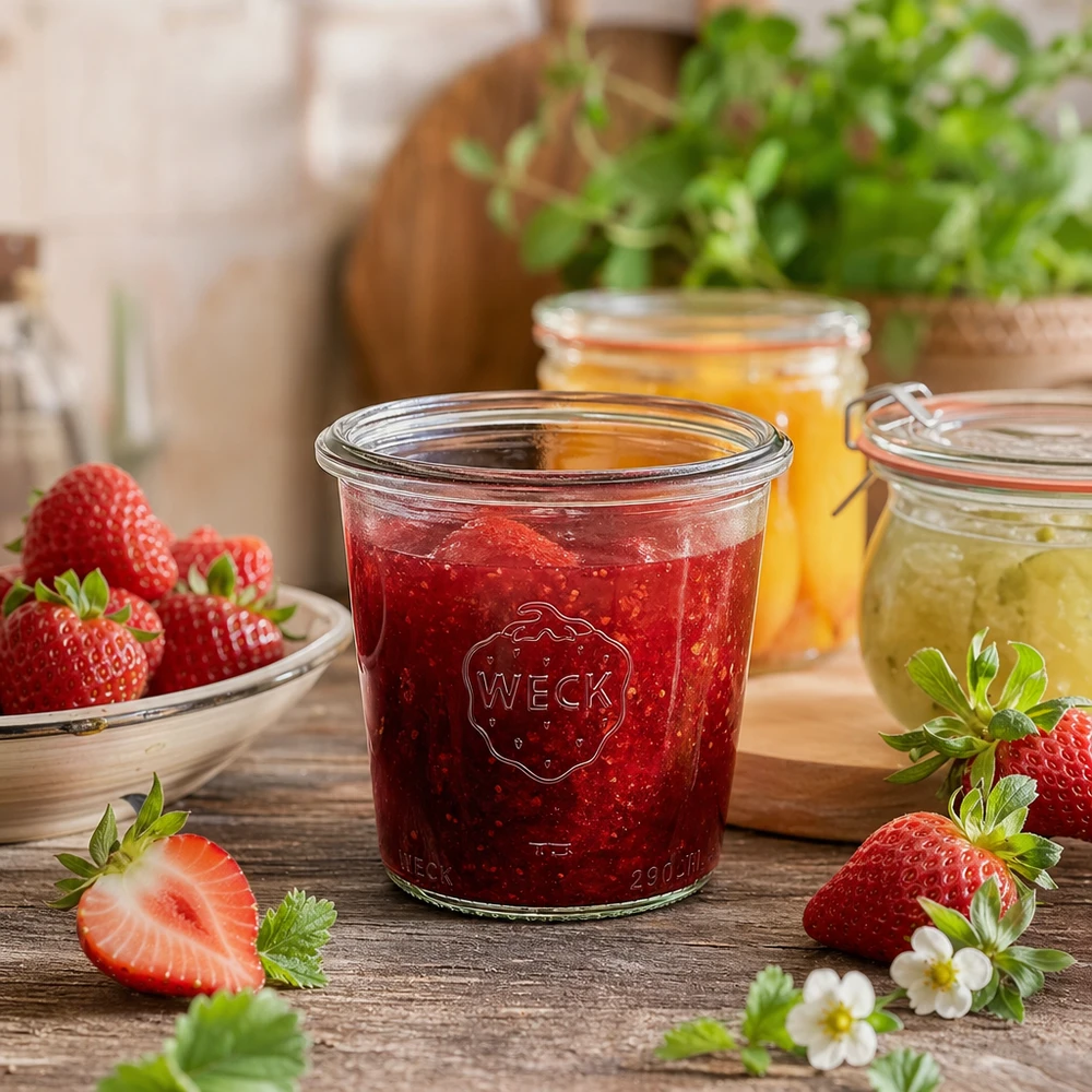 290ml WECK RR80 pot gevuld met aardbeienjam naast verse aardbeien op houten tafel rustieke keuken