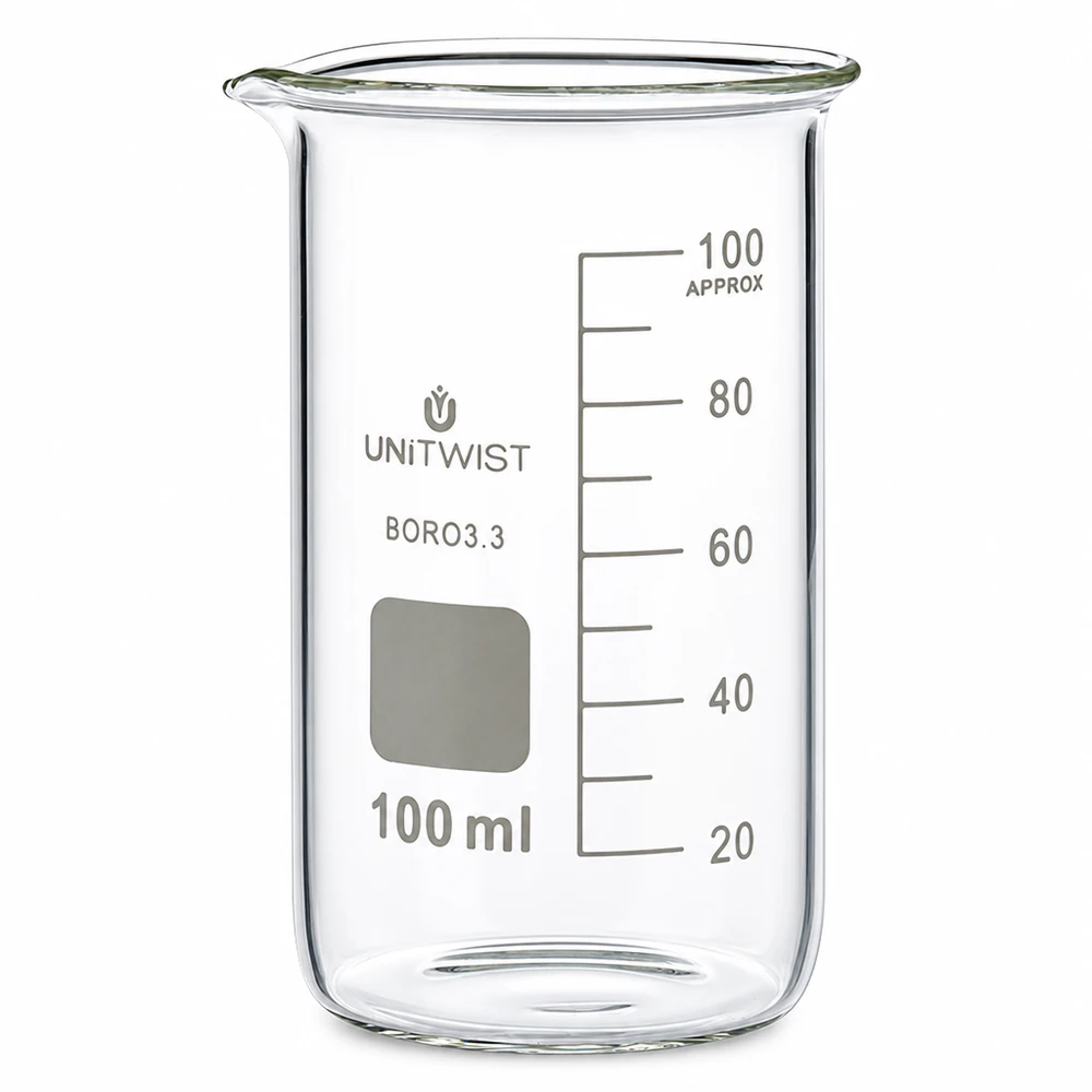 Beker 100ml borosilicaat, hoge vorm UNITWIST Doorzichtig bekerglas, hoge vorm, 100 ml, met ruimte voor opschriften, schenktuit en nauwkeurige ml-schaalverdeling UNITWIST