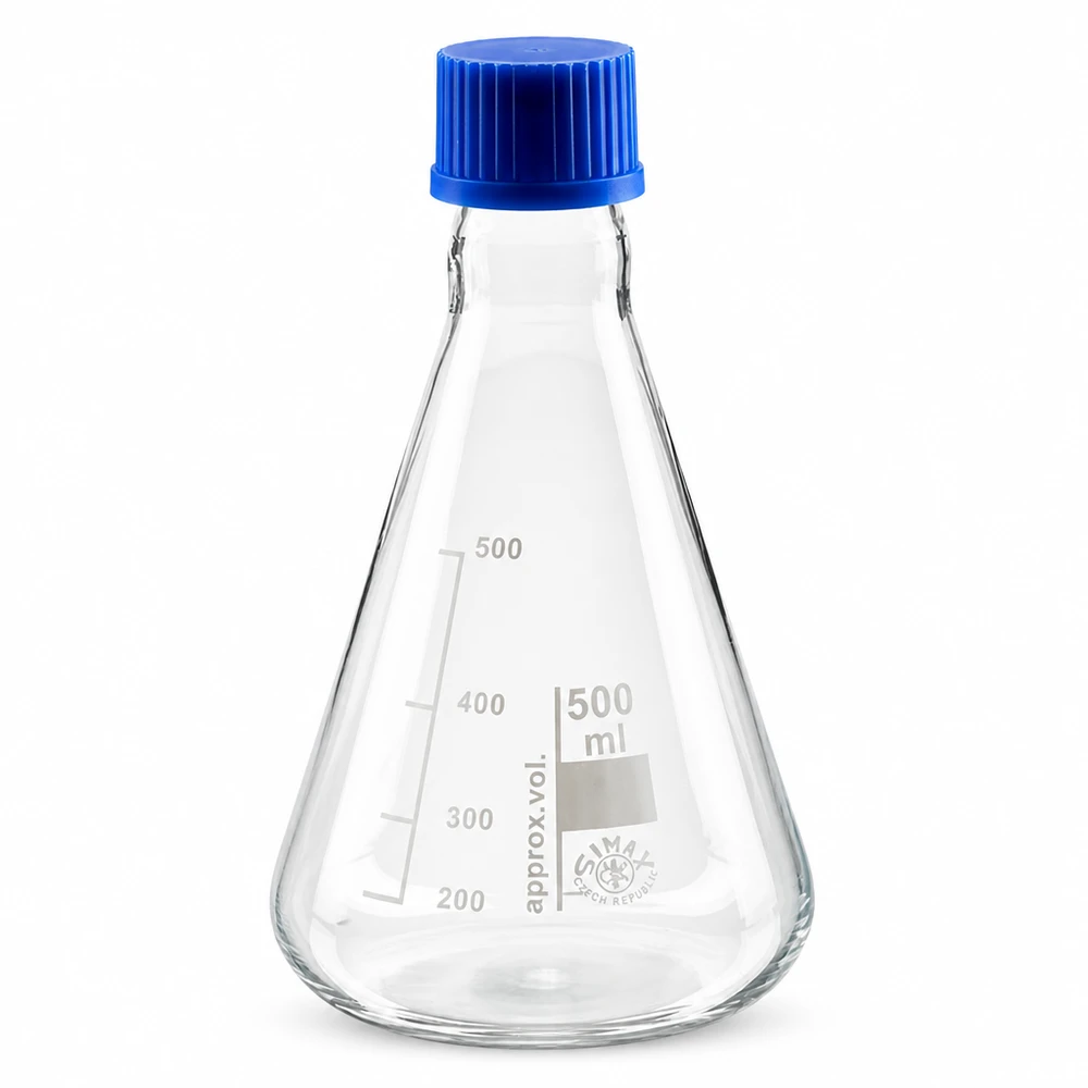 Erlenmeyer 500ml glas met nauwe hals borosilicaat met schroefdraad en sluiting Maatkolf van 500 ml met milliliterverdeling en blauwe plastic dop