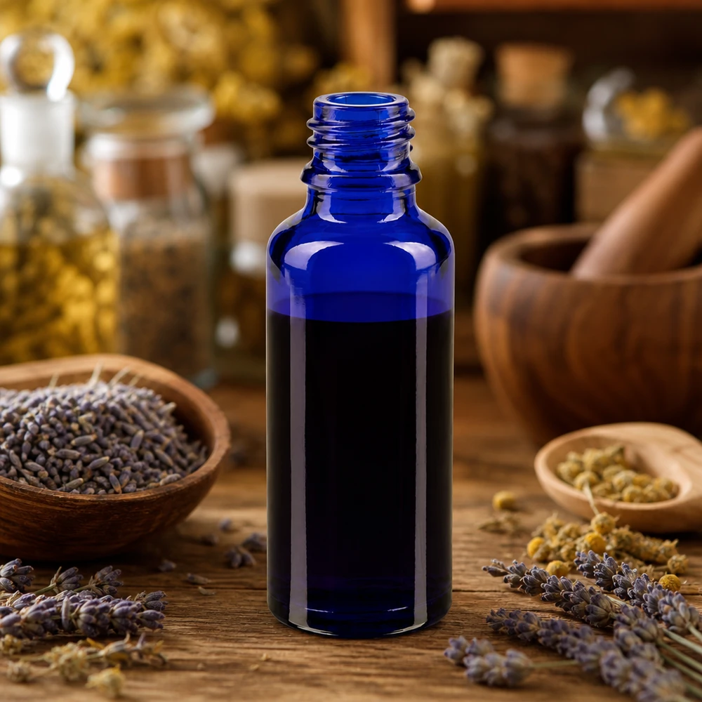Open ApoGlas-apotheekflesje van 30 ml in blauw met schroefdop op een houten ondergrond