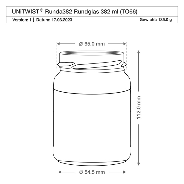 UNiTWIST Runda382 rond glas 382ml TO66 technische tekening met afmetingen Diameter 65mm Hoogte 112mm Gewicht 185g