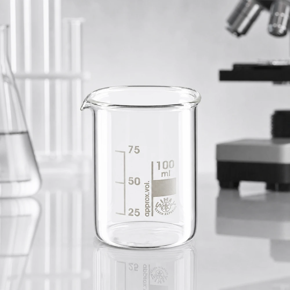 Bekerglas 100 ml van hittebestendig borosilicaatglas (laag model) Transparant bekerglas 100ml lage vorm gemaakt van borosilicaatglas voor chemische toepassingen in het laboratorium
