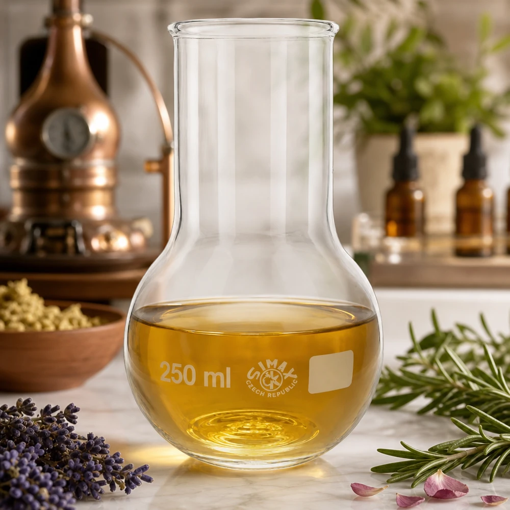 Platbodem kolf 250ml wijde hals borosilicaat met afgeronde rand Glazen flacon 250ml wijde hals met essentiële oliën omringd door lavendel en rozemarijn