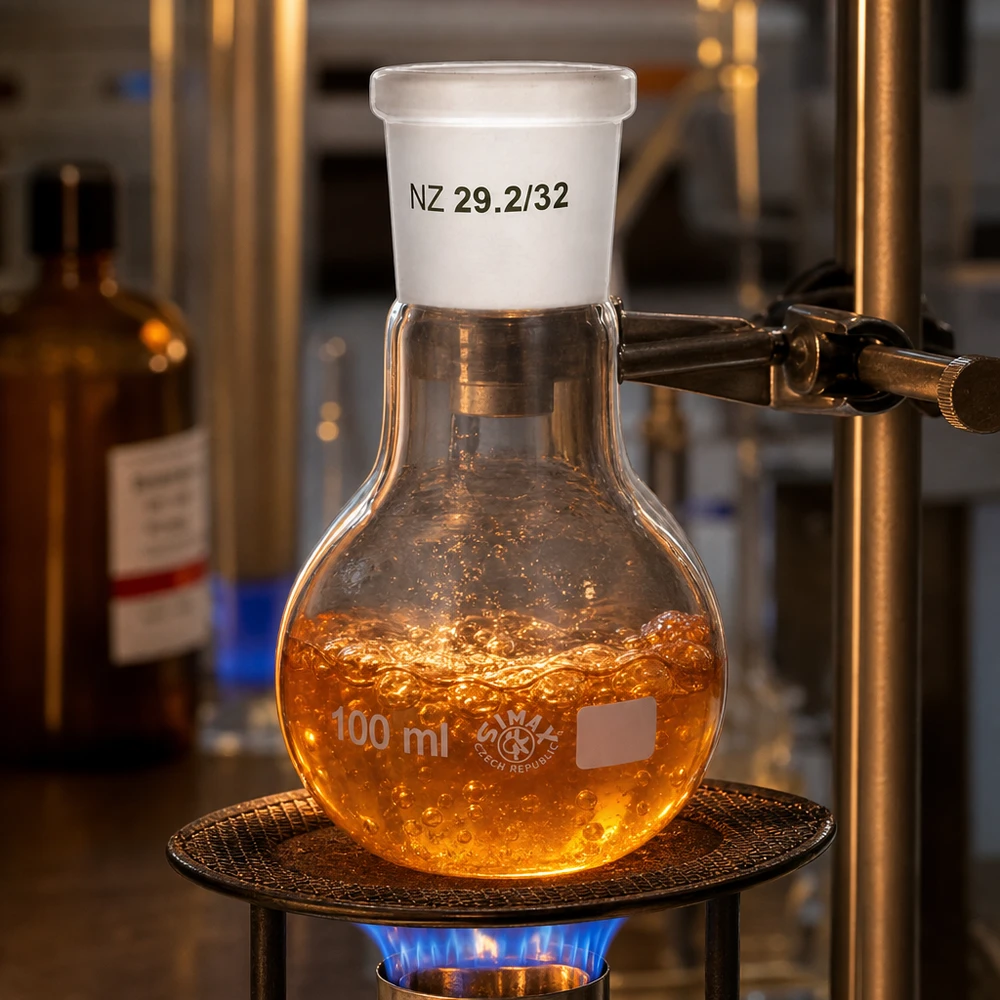 Platbodem kolf 100ml wijde hals borosilicaat met slijpstuk 29/32 Kleine glazen kolf van 100 ml met compacte afmetingen en universele 29/32 standaard geslepen verbinding