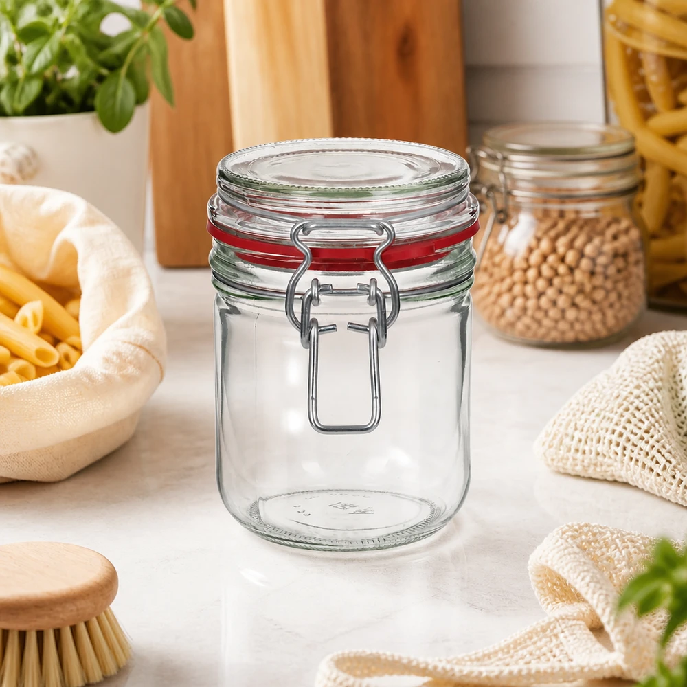 400 ml voorraadpot type G met beugelsluiting UN.. Robuuste voorraadpot van 400 ml met stevige metalen clipsluiting voor langdurige keukenorganisatie
