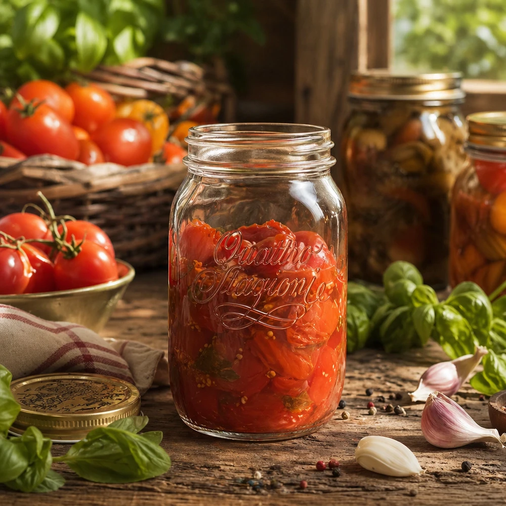 1000ml huishoudglas "Quattro Stagioni" 1000ml Quattro Stagioni huishoudpot gevuld met tomatensaus op een houten tafel met verse tomaten en basilicum