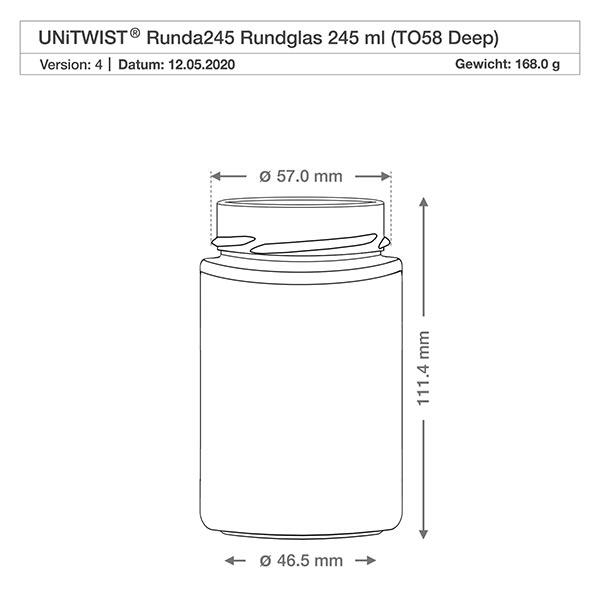 UNiTWIST Runda245 rond glas 245ml TO58 Diepe technische tekening met afmetingen 57mm diameter 111,4mm hoogte 168g
