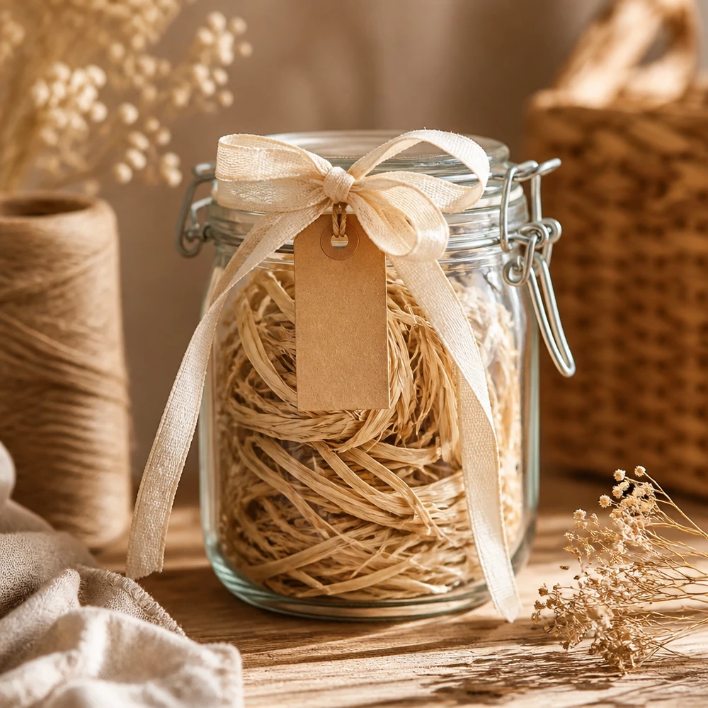 Natuurlijk raffia voor decoratie 30 g Natuurlijke raffia 30g in een inmaakpotje met lint en label als cadeau-idee voor creatieve knutselprojecten en decoratie