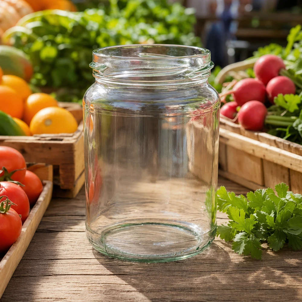 205ml rond glas zonder deksel (TO58) UNiTWIST UNiTWIST Runda205 ronde pot 205ml TO58 inmaakpot op houten tafel met verse groenten tomaten radijzen