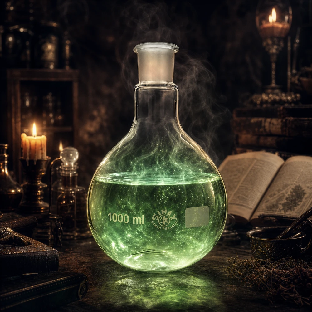 Platbodem kolf 1000ml wijde hals borosilicaat met slijpstuk 29/32 Laboratoriumglaswerk 1000ml kolf met groene fluorescerende vloeistof en geslepen glas 29/32