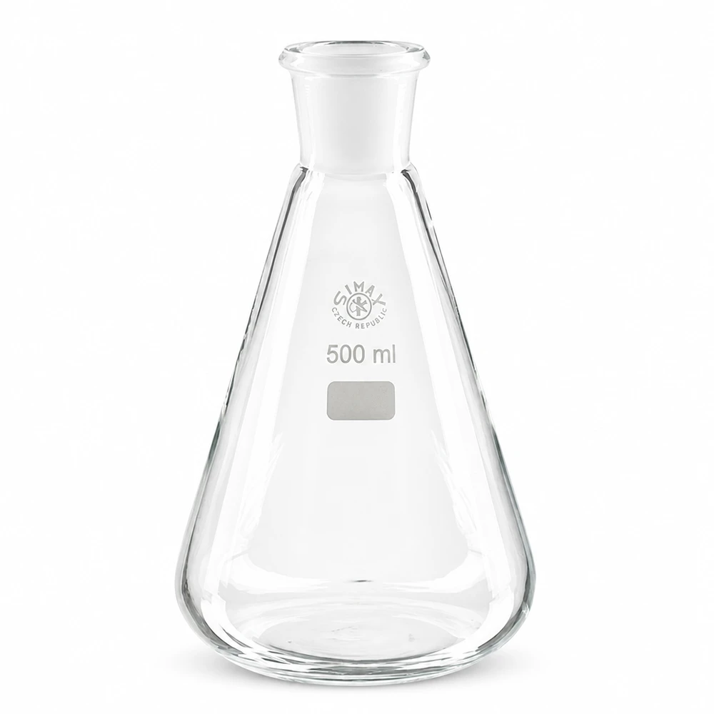 Erlenmeyer 500ml nauwe hals borosilicaat met slijpstuk 29/32 Grote erlenmeyer van 500 ml gemaakt van hoogwaardig borosilicaatglas met standaard geslepen verbinding