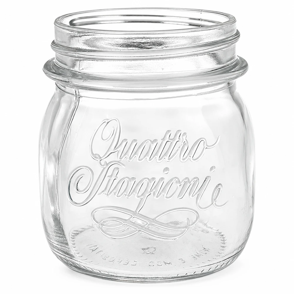 250ml huishoudglas "Quattro Stagioni" 250 ml Quattro Stagioni inmaakpot van helder glas met reliëflogo zonder deksel voor inmaken en bewaren