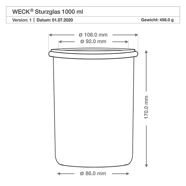 WECK RR100-pot van 1000 ml Technische tekening WECK beker 1000ml RR100 met afmetingen Diameter 108mm 92mm 86mm Hoogte 170mm Specificatie