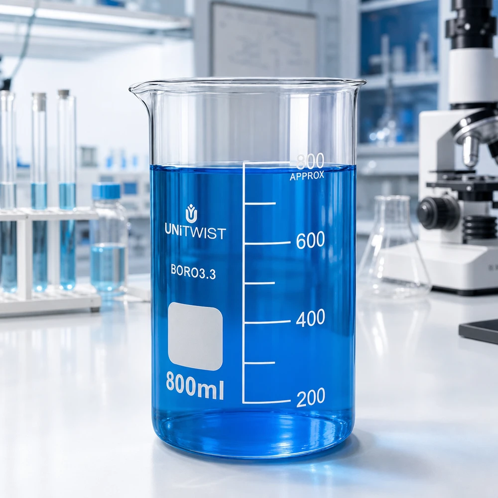 Beker 800ml borosilicaat, hoge vorm UNITWIST UNITWIST 800 ml laboratoriumglas, hoge cilindrische vorm met wit opschriftvlak en schaalverdeling