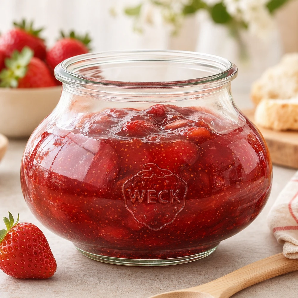 560 ml sierglas WECK RR80 WECK decoratieve pot RR80 560ml met zelfgemaakte aardbeienjam en houten lepel op keukenblad