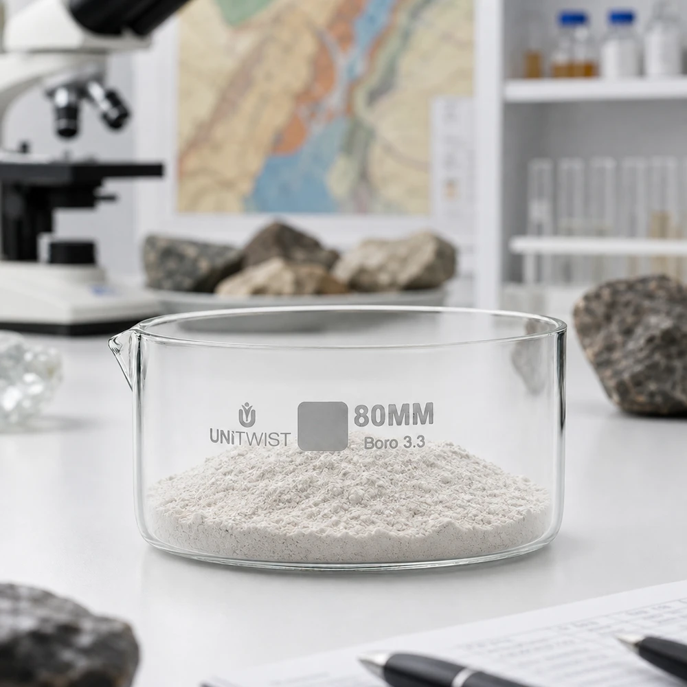 Kristalliseer schaal ø80mm borosilicaatglas UNiTWIST UNiTWIST kristallisatieschaal 80 mm met steenpoeder, voor laboratoriumgebruik, geologie, mineralogie