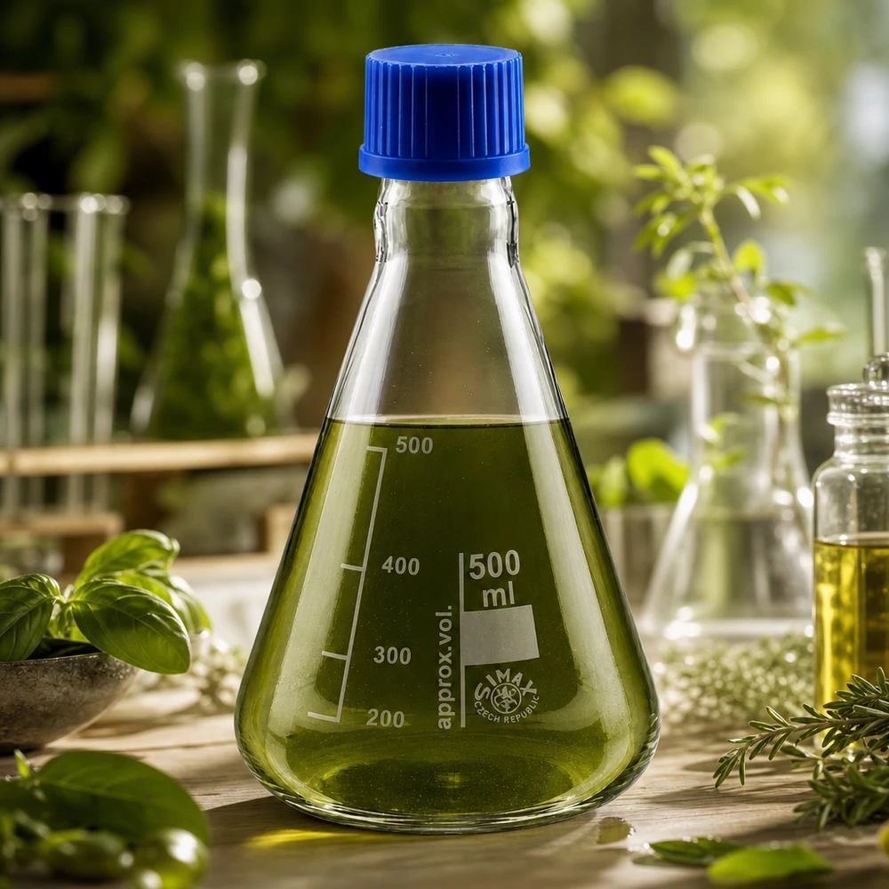 Erlenmeyer 500ml glas met nauwe hals borosilicaat met schroefdraad en sluiting Erlenmeyer 500 ml met maatverdeling, volumemarkering en plastic afsluitdop