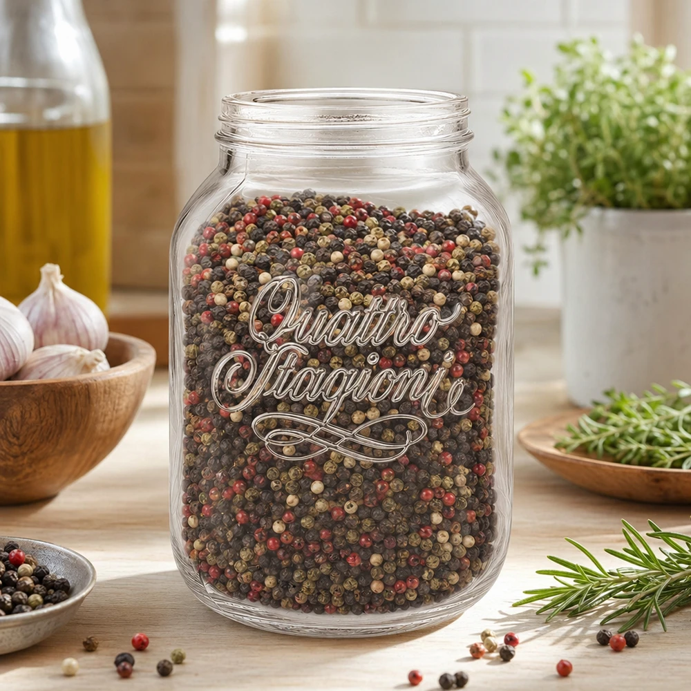 3000ml huishoudglas "Quattro Stagioni" 3000ml huishoudpot Quattro Stagioni gevuld met kleurrijke peperkorrels in een moderne keuken met kruiden en specerijen