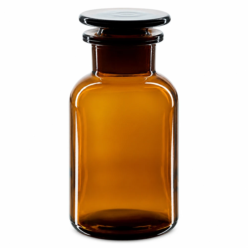 Apothekersfles 250 ml wijde hals bruin glas incl. glazen stop Klassieke apothekersfles 250 ml, bruin, brede hals, met glazen stop, UV-bescherming