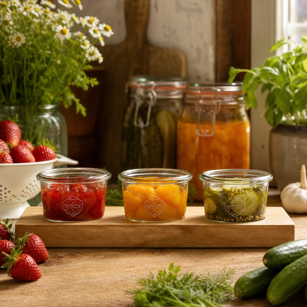 Serveerplank Plano3 met 3 Weck-glazen van 80 ml Weck bekers 80ml met kleurrijke jam en pickles op houten serveerplank in rustieke keuken