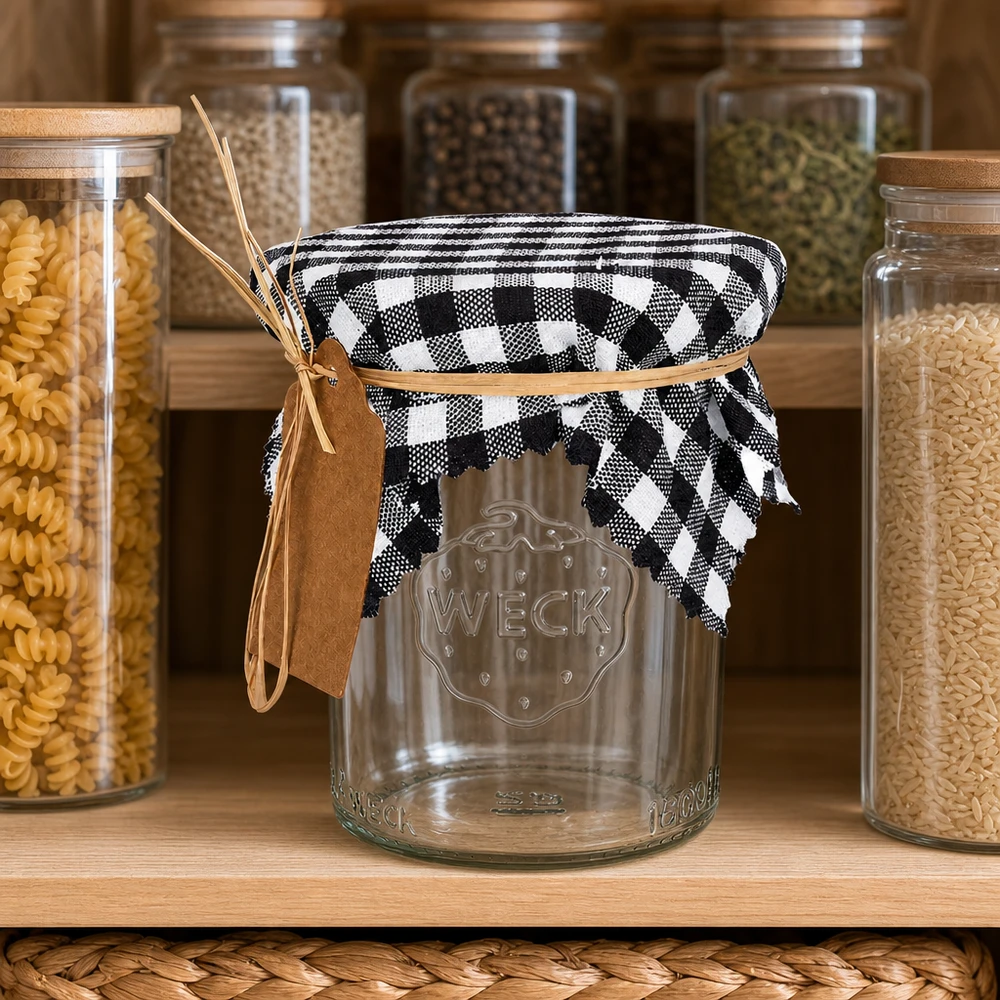 Geruite decoratieve doily zwart-wit 12cm op voorraadpot tussen pastabakjes, keukendecoratie landelijke stijl