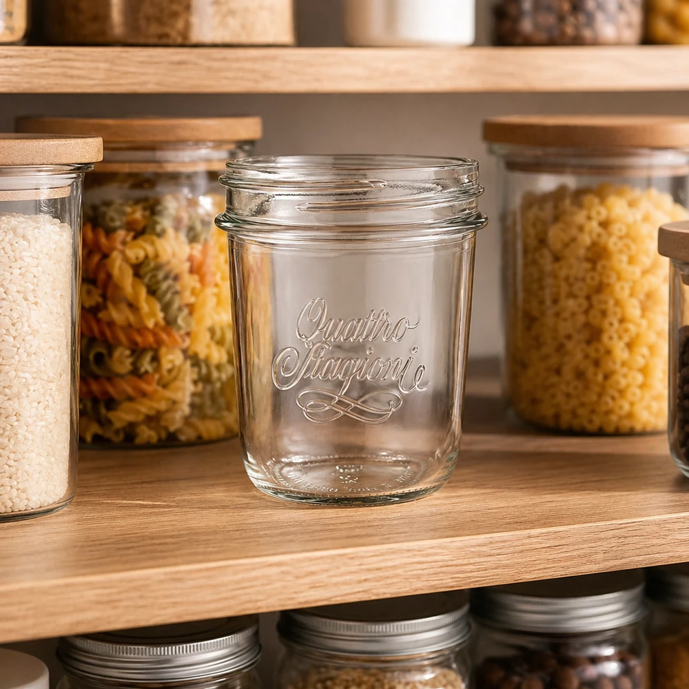 320ml "Quattro Stagioni" beker QS86mm 320ml Quattro Stagioni Sturzglas mit elegantem Logo auf Holzregal zwischen gefüllten Vorratsgläsern für Küche und Pantry