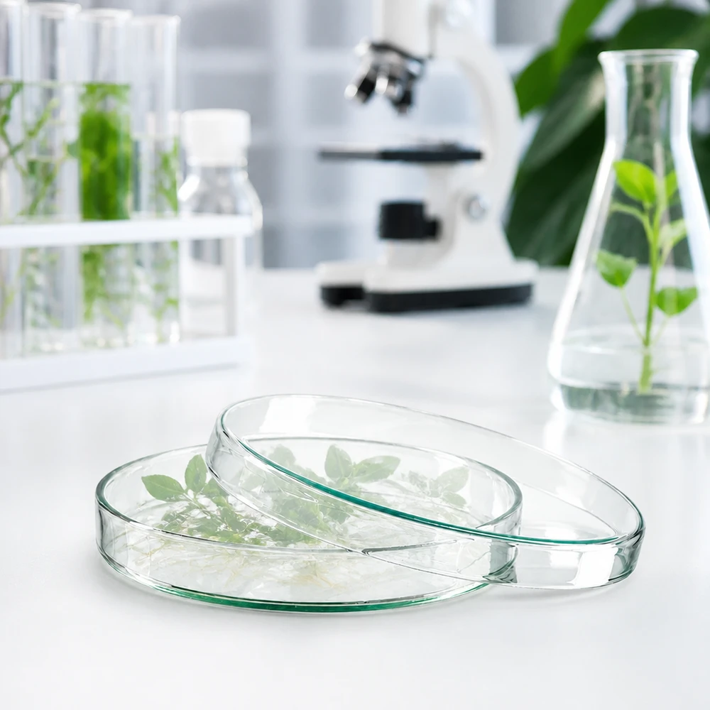 Petrischaal 120x15 mm van glas Petrischaal van helder laboratoriumglas, 120 x 20 mm, met plantmateriaal en reageerbuisjes op de achtergrond