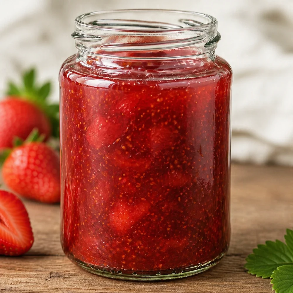 Rond glas 382ml TO66 gevuld met rode aardbeienjam naast verse aardbeien op houten tafel
