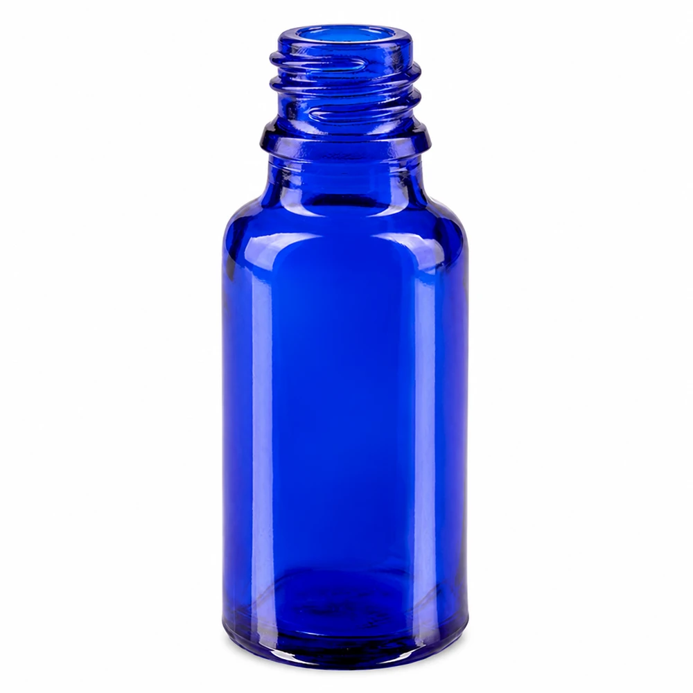 Blauwe glazen fles 20ml ApoGlas flesje 20ml in intens blauw voor het veilig bewaren van actieve ingrediënten