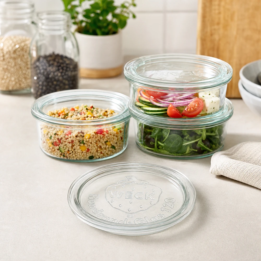 WECK glazen deksel RR120 WECK Glasdeckel RR120 in moderner Küche mit gefüllten Vorratsgläsern für Salat Quinoa und frische Zutaten