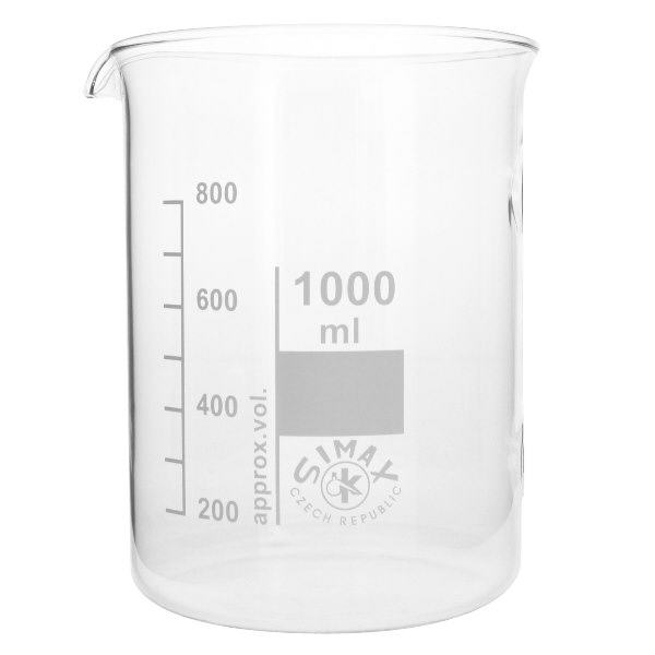 Bekerglas 1000 ml van hittebestendig borosilicaatglas (laag model) Groot bekerglas van 1000 ml, laag ontwerp, ideaal voor volumemetingen in het laboratorium