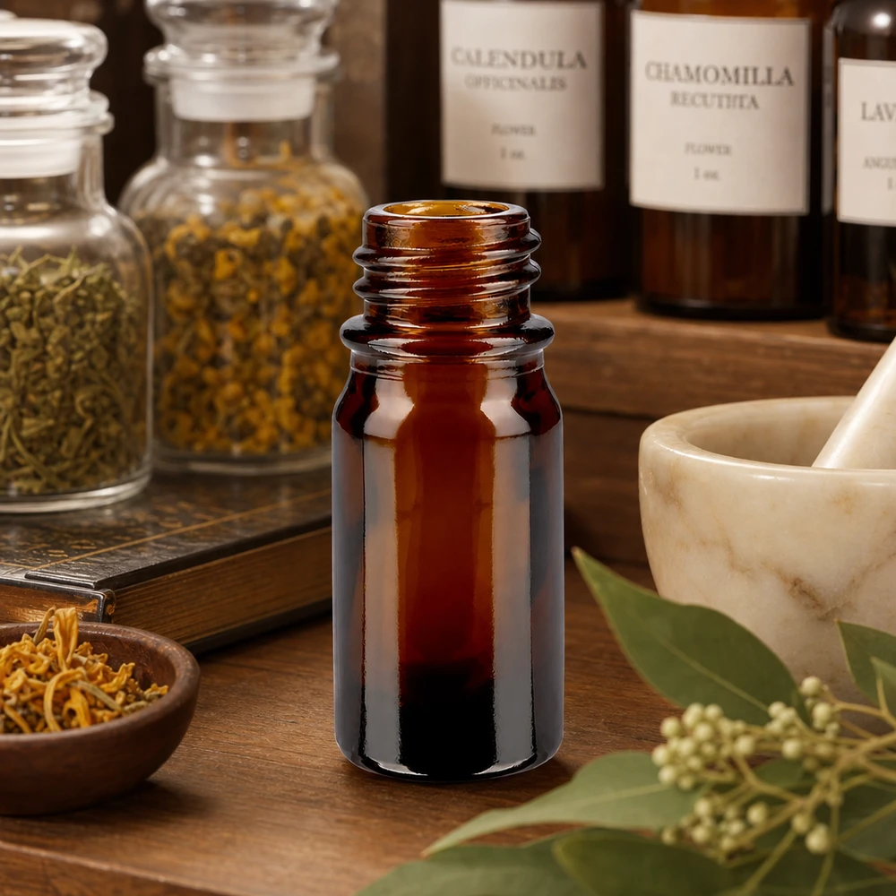 Bruine glazen fles 5ml 5ml bruin apothekersflesje ApoGlas met kruidenpotjes en vijzel voor natuurlijke remedies en tincturen