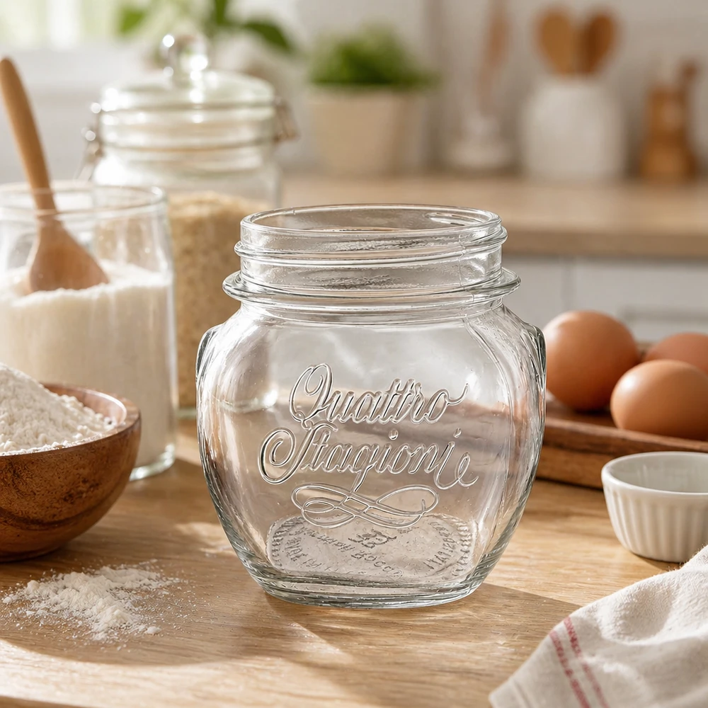 300ml huishoudglas "Quattro Stagioni" 300ml Quattro Stagioni huishoudglas op een houten plank in een rustieke keuken met bakingrediënten en eieren