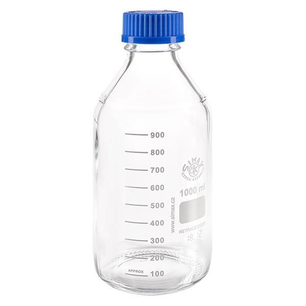 1000 ml laboratoriumfles met schroefdraad + blauwe dop + ring