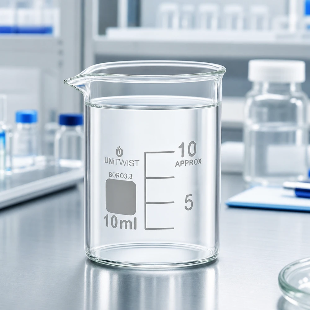 Beker 10ml borosilicaat, lage vorm UNiTWIST UNiTWIST bekerglas van 10 ml met karakteristieke schenktuit en dikke glasrand voor veilig werken