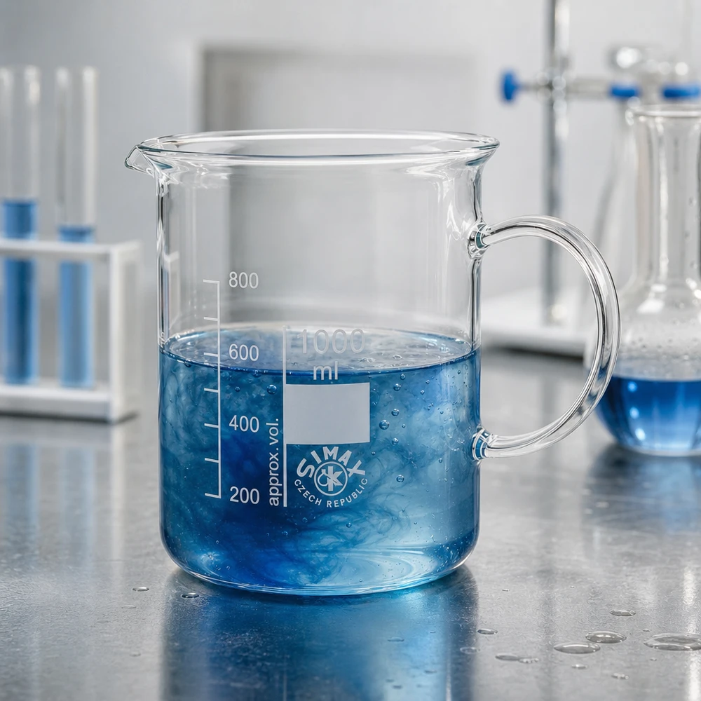 Bekerglas 1000 ml van hittebestendig borosilicaatglas met handvat Simax-beker met handvat, inhoud 1000 ml, met blauwe oplossing tijdens het mengen
