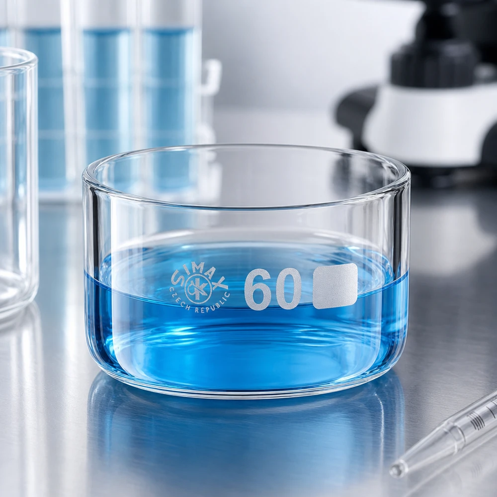 Kristalliseerschaal 60ml zonder schenktuit Simax-kristallisatieschaal van 60 ml zonder uitgietmond, naast een microscoop en een pipet in het onderzoekslaboratorium