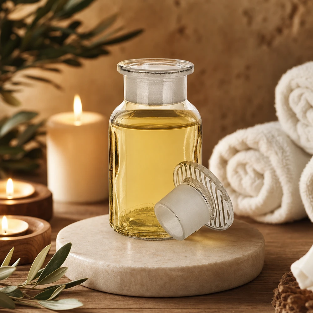 Apothekersfles 100 ml wijde hals helder glas incl. glazen stop Decoratieve glazen fles van 100 ml, helder, met ronde schouders en brede hals, voor de badkamer en wellness