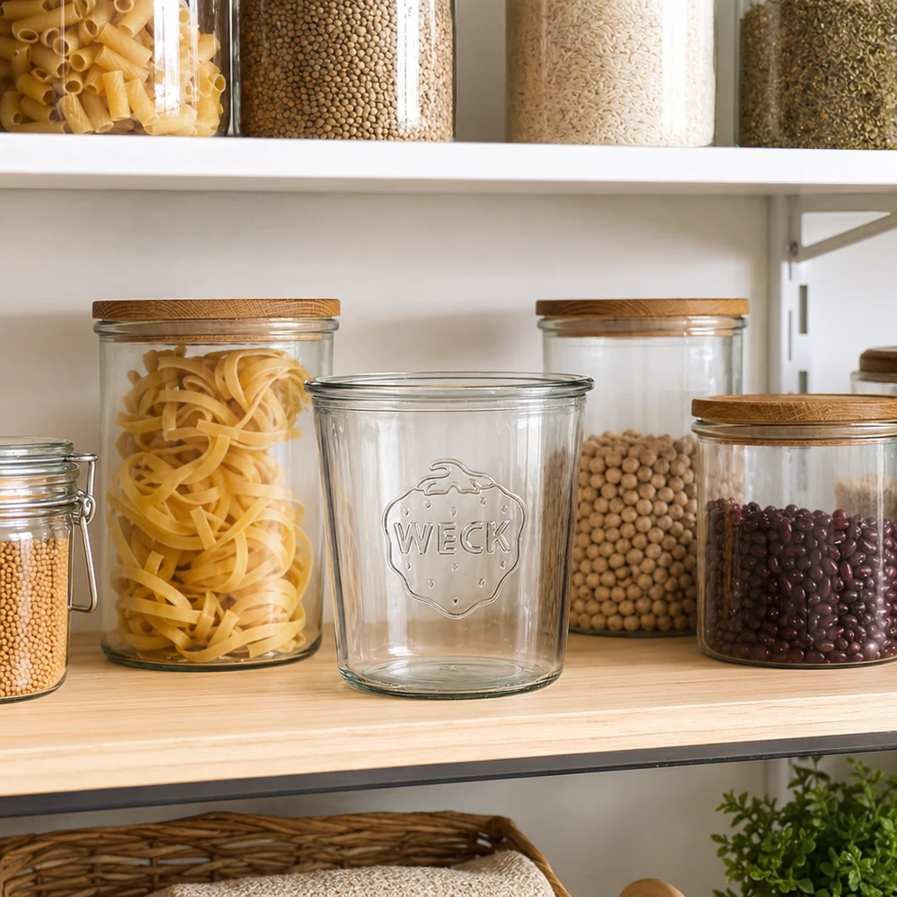 580ml stortglas WECK RR100 WECK RR100 voorraadpot 580ml in keuken met voorraadpotten voor pasta, peulvruchten en granen op houten plank