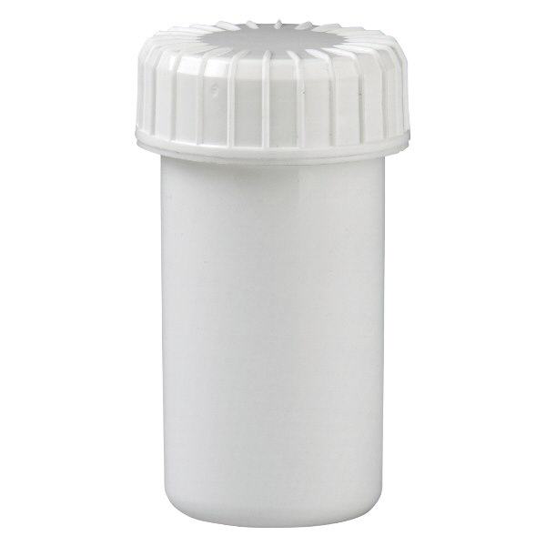 Kunststof pot 20 ml transparant met geribbeld wit schroefdeksel van PE, type sluiting Standaard Kunststof pot 20 ml transparant met geribbeld wit schroefdeksel van PE, type sluiting Standaard