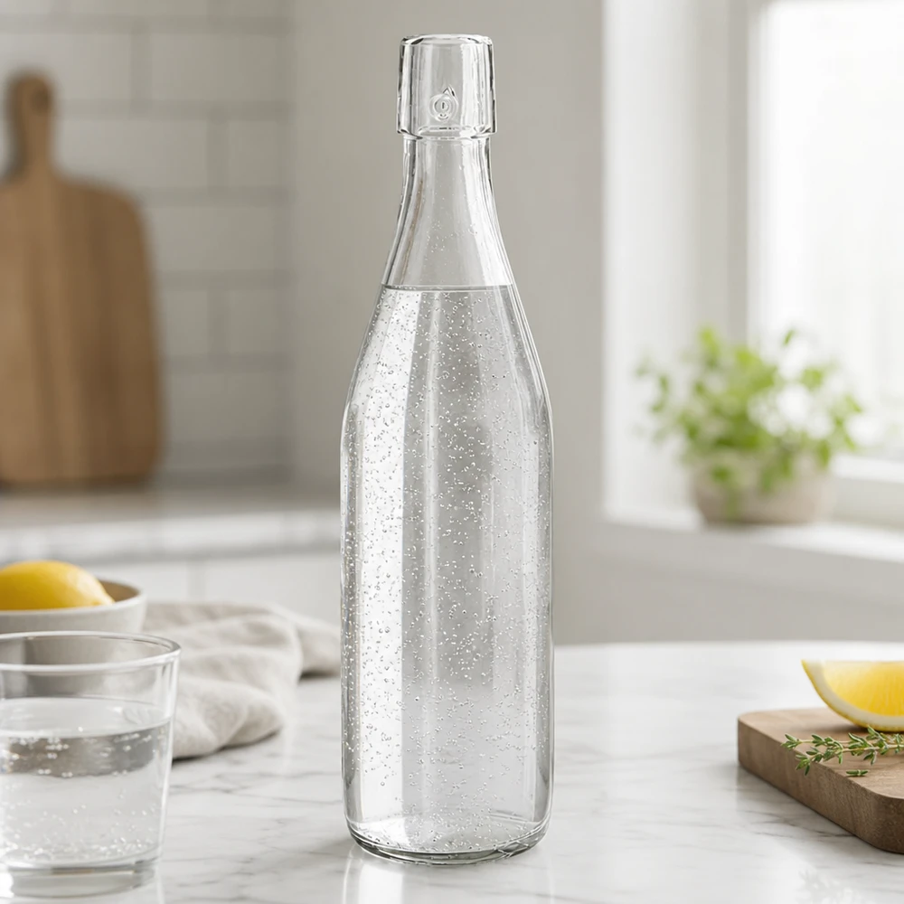 500ml UNiTWIST glazen fles gevuld met bruisend water op marmeren aanrecht in moderne witte keuken met citroen