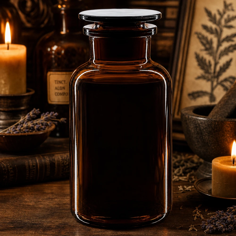 Apothekersfles 500 ml wijde hals bruin glas incl. glazen stop Historische fles met afgeronde schouders, 500 ml, bruin, met brede hals, geschikt voor laboratoriumchemicaliën