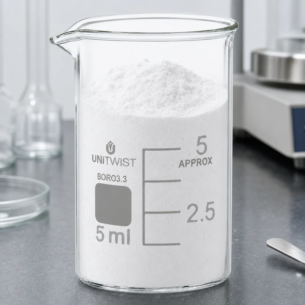 Beker 5ml borosilicaat, lage vorm UNiTWIST UNiTWIST mini-maatkopje van 5 ml, laag model, gevuld met poeder, naast de analyseweegschaal in het laboratorium