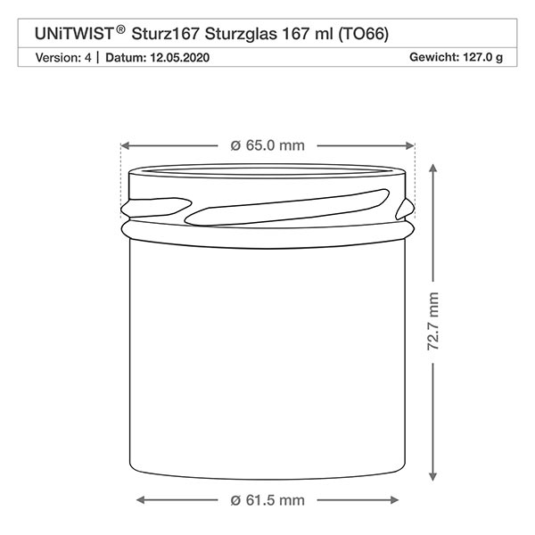 UNiTWIST Sturz167 Sturzglas 167ml TO66 technische tekening met afmetingen diameter 65mm hoogte 72,7mm gewicht 127g
