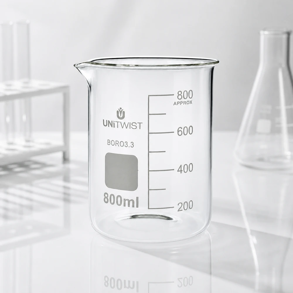 Doorzichtig bekerglas 800 ml, borosilicaat 3.3, laag model met geëtste ml-schaalverdeling UNiTWIST