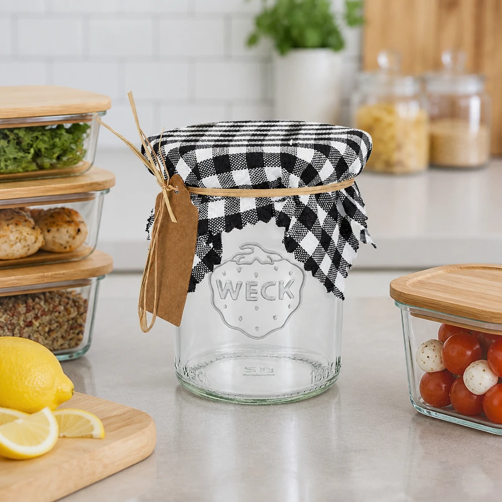 Inmaakpot met zwart-wit geblokt stoffen deksel en raffiagelabel, keukenindeling met vintagelook